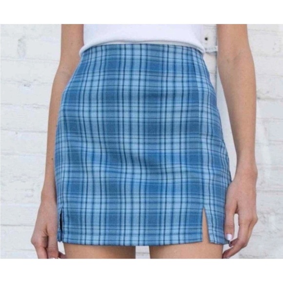 Brandy Melville Blue Plaid Mini Skirt Y2K Grunge Preppy High Waisted Slit Sz S - Picture 5 of 5
